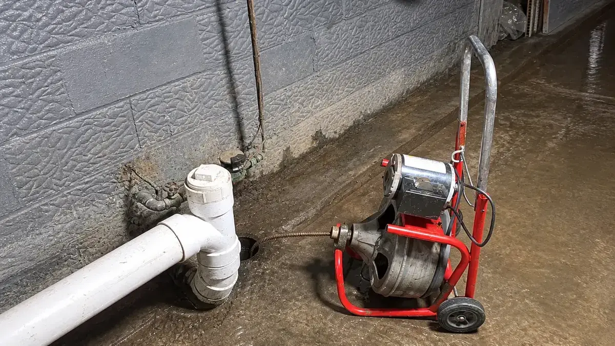 Commercial drain cleaning machine connected to piping in an industrial service area