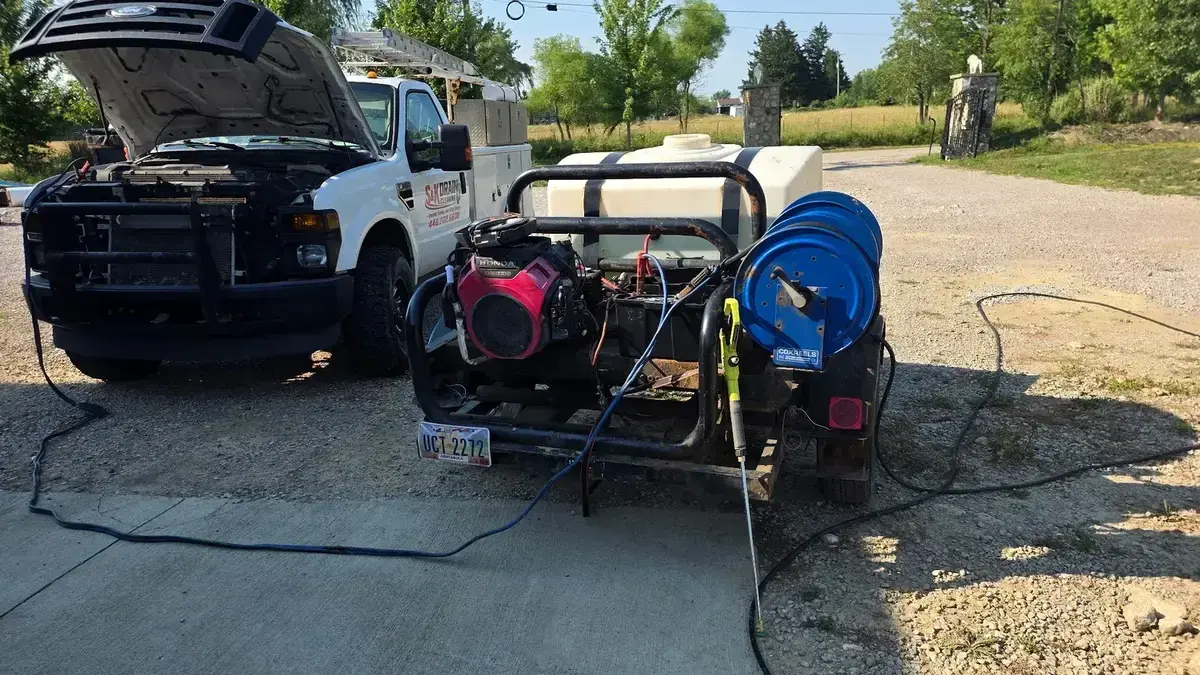 S&K hydro jetting trailer and service truck prepared for high-pressure line cleaning